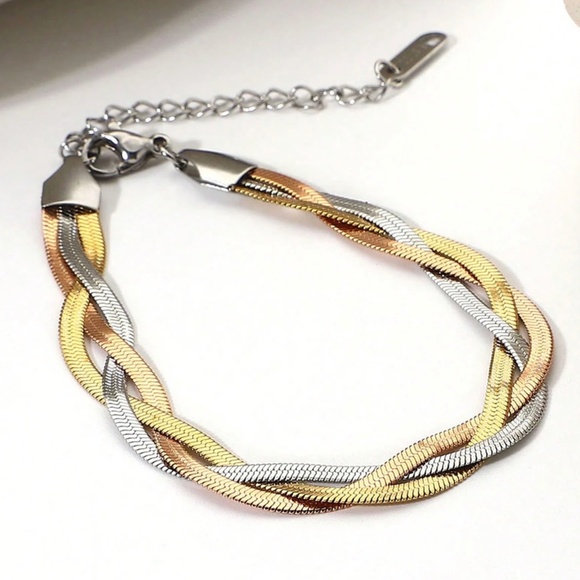 Luxe Tri color Stainless Steel Braided Necklace Bracelet Set - Picture 5 of 5